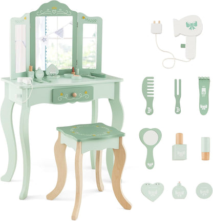 Costzon Kids Vanity Set, 2 in 1 Princess Makeup Dressing Table & Chair Set W/Detachable Tri-Fold Mirror, Toddler Vanity with Drawer & Accessories, Pretend Play Vanity Set for Little Girls (Green)