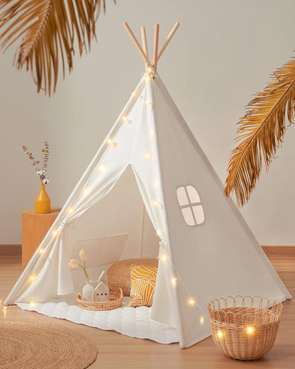 Tiny Land Teepee Tent for Kids, 100% Cotton Play Tent with Padded Mat and Star Lights, Kids Teepee Tent with Carry Bag, Foldable Kids Tent for Toddlers Aged 3+, Quality Teepee Tent for Girls and Boys