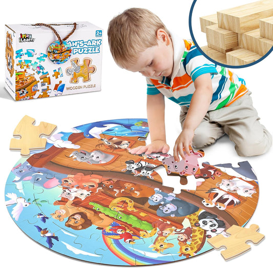 Iplay, Ilearn Toddlers Noah'S-Ark Wooden Animal Puzzles, Kids Floor Puzzles for Ages 3-5, 4-8, Large 51 Pieces round Jigsaw Puzzle Educational Toys, Birthday Gift for 6 7 Years Old Boys Girls Children