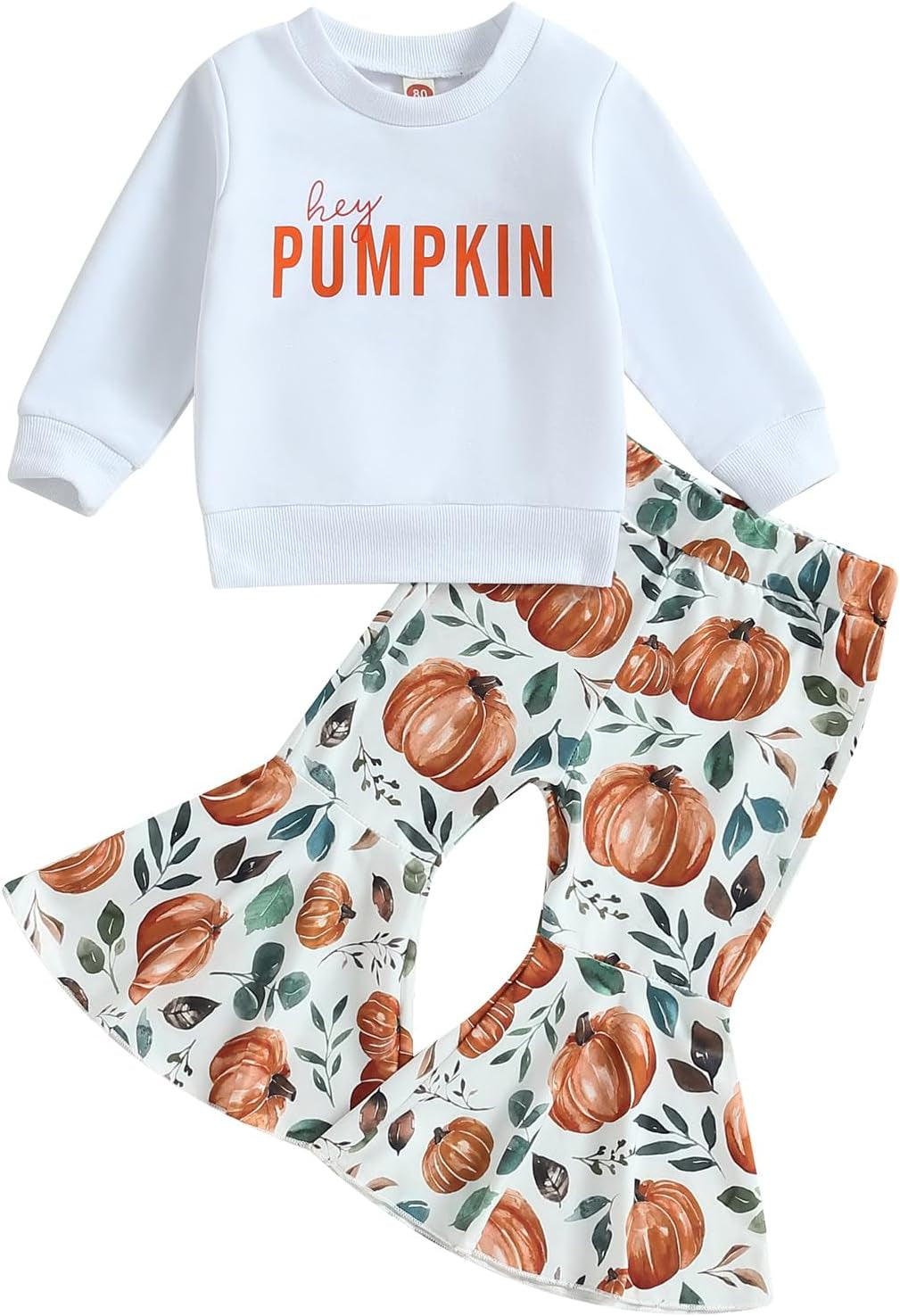 Baby Girl Halloween Outfit Pumpkin Pie Crewneck Sweatshirt Shirt Top Bell-Bottom Pants Sets Cute Toddler Clothes