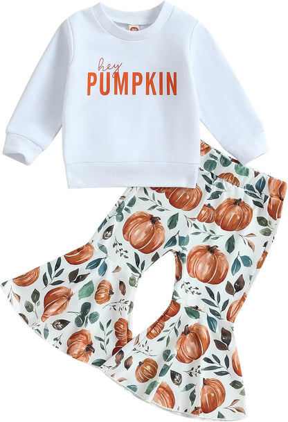 Baby Girl Halloween Outfit Pumpkin Pie Crewneck Sweatshirt Shirt Top Bell-Bottom Pants Sets Cute Toddler Clothes