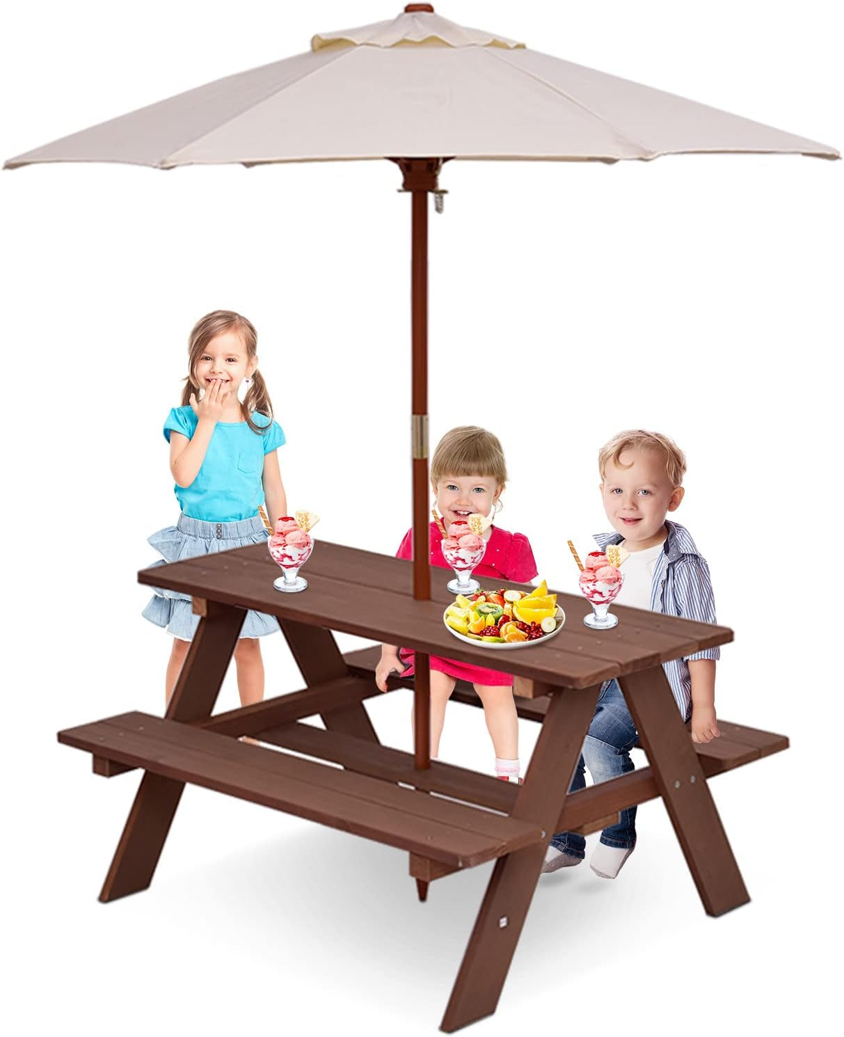 Costzon Kids Picnic Table, Wooden Table & Bench Set W/Removable & Foldable Umbrella, Toddler Patio Set for Backyard, Garden, Lawn, Girls & Boys Gift, Kids Table and Chair Set for Outdoors (Natural)