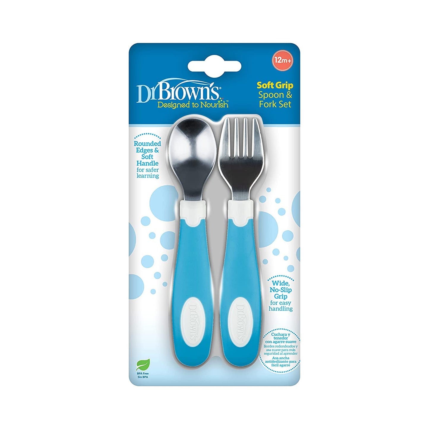 Dr. Brown’S Designed to Nourish Soft-Grip Spoon and Fork Set, Scoop-A-Bowl, Baby and Toddler Food and Cereal Bowls and Milestones™ Cheers360™ Training Sippy Cups with Handles, BPA Free, Blue, 7Oz, 6M+