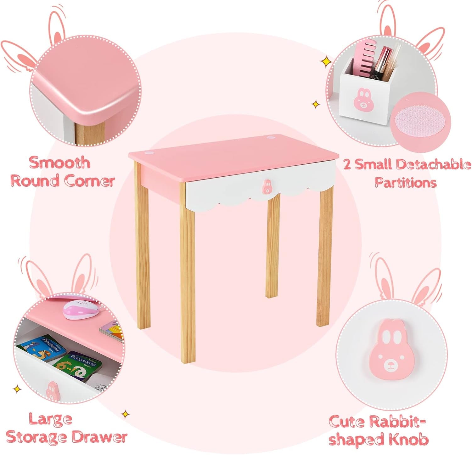 Costzon Kids Vanity Set, Girls Vanity Set with Mirror & Stool, 2 Large Drawers, Storage Shelf, Wooden Princess Makeup Dressing Table, Pretend Play Vanity Table Chair Set for Toddlers (Pink)