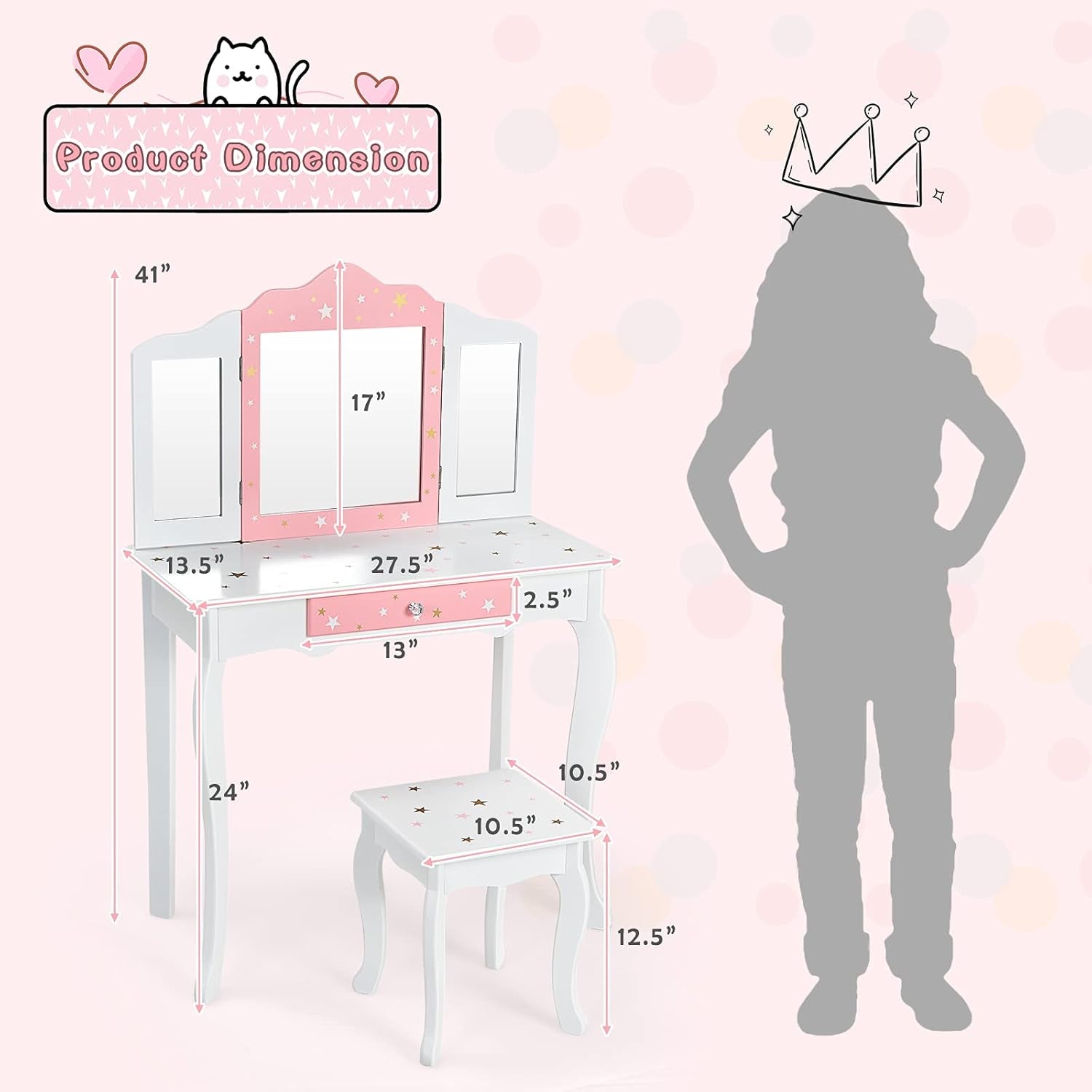 Costzon Kids Vanity Set with Mirror, 2 in 1 Princess Makeup Dressing Table W/Detachable Top, Toddler Girls Vanity with Tri-Fold Mirror, Drawer & Stool, Pretend Play Vanity Set for Little Girls, White