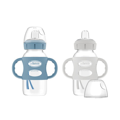 Dr. Brown'S Milestones Wide-Neck Sippy Spout Bottle with 100% Silicone Handles, Easy-Grip Handles with Soft Sippy Spout, 9Oz/270Ml, Green & Gray, 2-Pack, 6M+