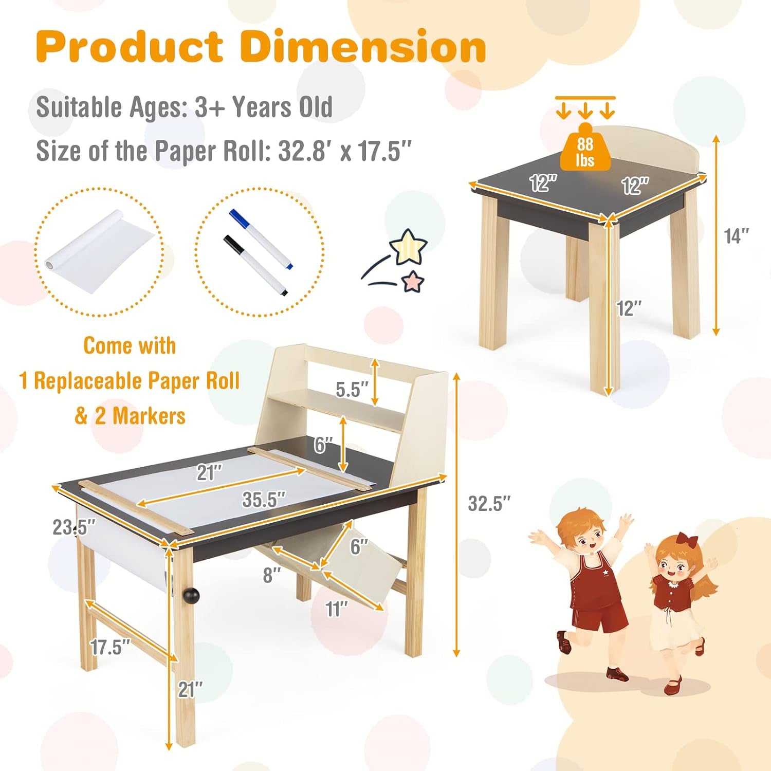 Costzon Kids Art Table and Chair Set, Wooden Drawing Painting Craft Center with Paper Roll, 2 Markers, 2 Storage Bins, Kids Activity Play Table with 2 Stools for Boys Girls Ages 3+ (Brown)